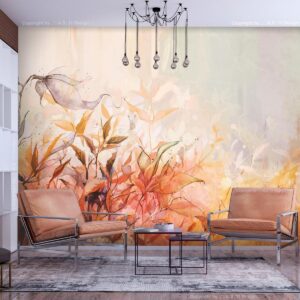 Fotobehang - Flaming meadow - nature landscape with meadow of flowers and leaves in watercolour style
