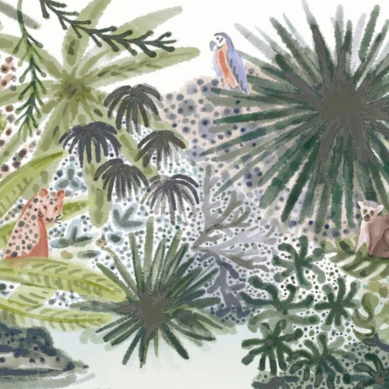 Fotobehang - Flora of Madagascar - Tropical Landscape With Watercolour Animals