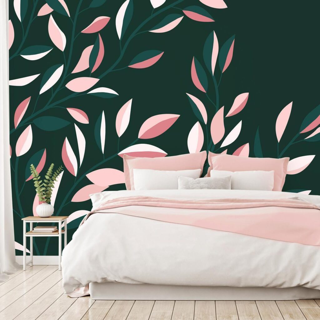 Fotobehang - Flowering vine - minimalist climbing leaves on a green background - Afbeelding 2