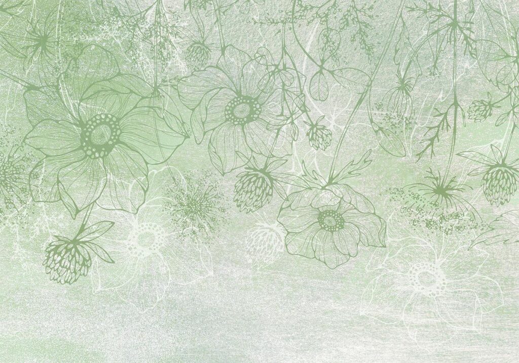 Fotobehang - Flowery meadow - nature with field flowers lineart on green background - Afbeelding 2