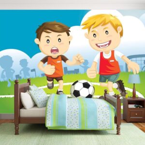 Fotobehang - Football Players - Boys playing soccer on a green field for children
