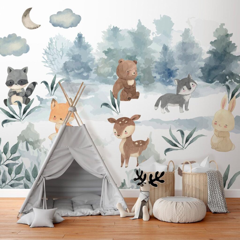 Fotobehang - Forest Games - Animals in a Forest Painted in Watercolours - Afbeelding 2