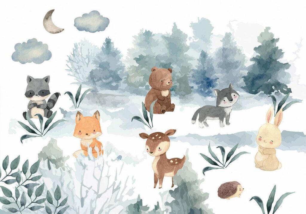 Fotobehang - Forest Games - Animals in a Forest Painted in Watercolours