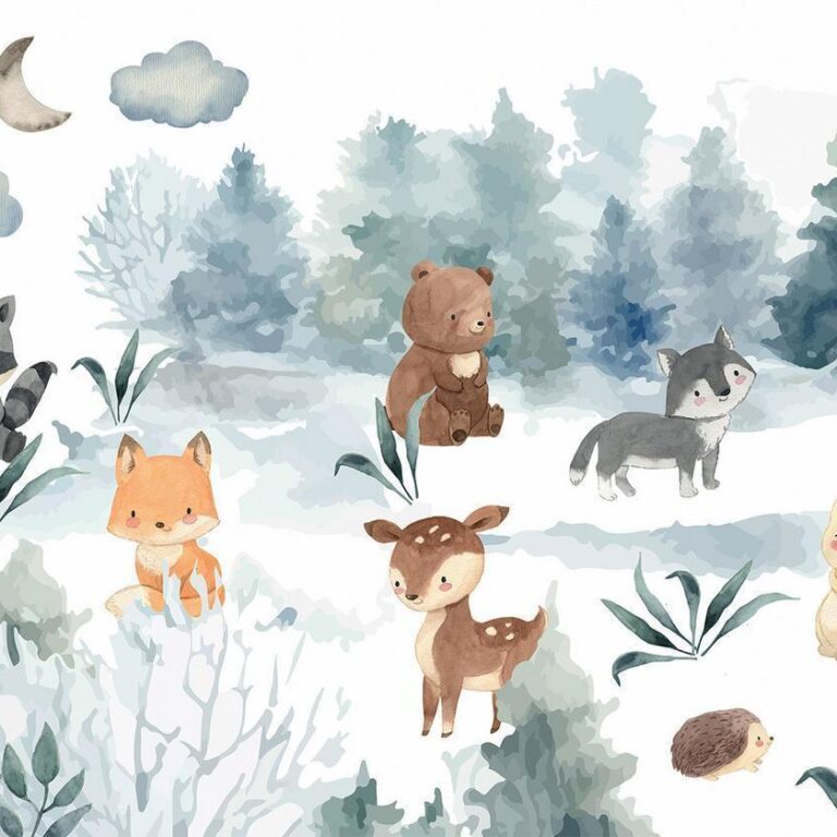 Fotobehang - Forest Games - Animals in a Forest Painted in Watercolours