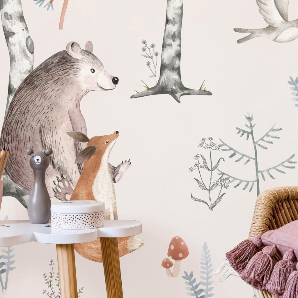 Fotobehang - Forest Land With Animals Painted in Watercolours - Afbeelding 2