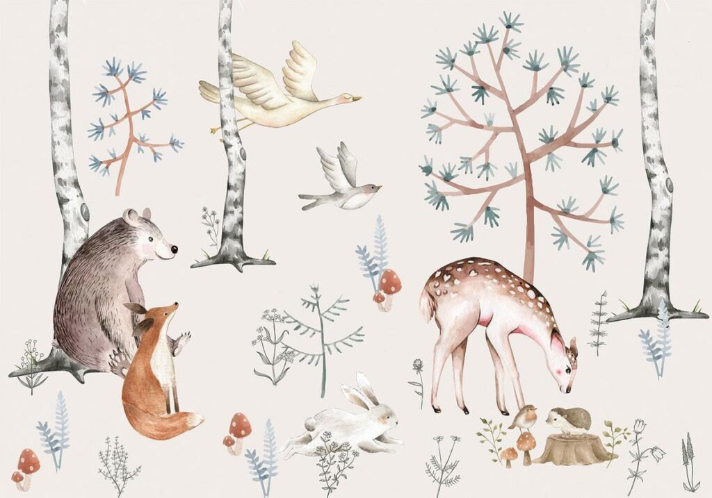 Fotobehang - Forest Land With Animals Painted in Watercolours
