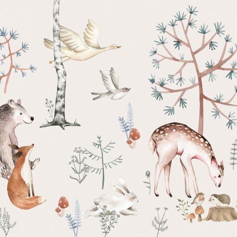 Fotobehang - Forest Land With Animals Painted in Watercolours