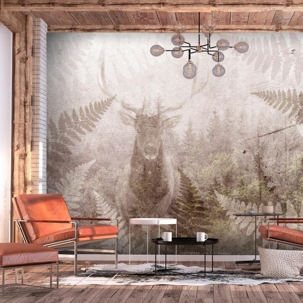 Fotobehang - Forest motif - deer with antlers among fern leaves on concrete pattern - Afbeelding 2