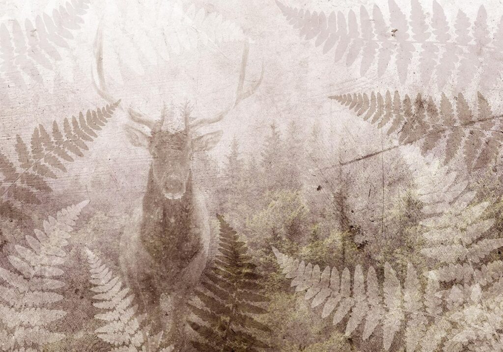 Fotobehang - Forest motif - deer with antlers among fern leaves on concrete pattern