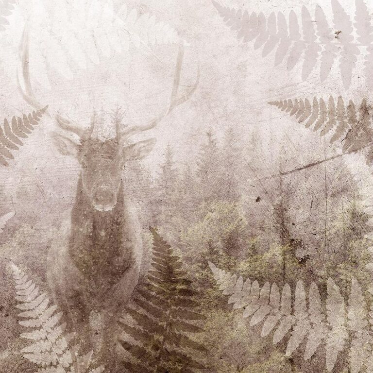Fotobehang - Forest motif - deer with antlers among fern leaves on concrete pattern