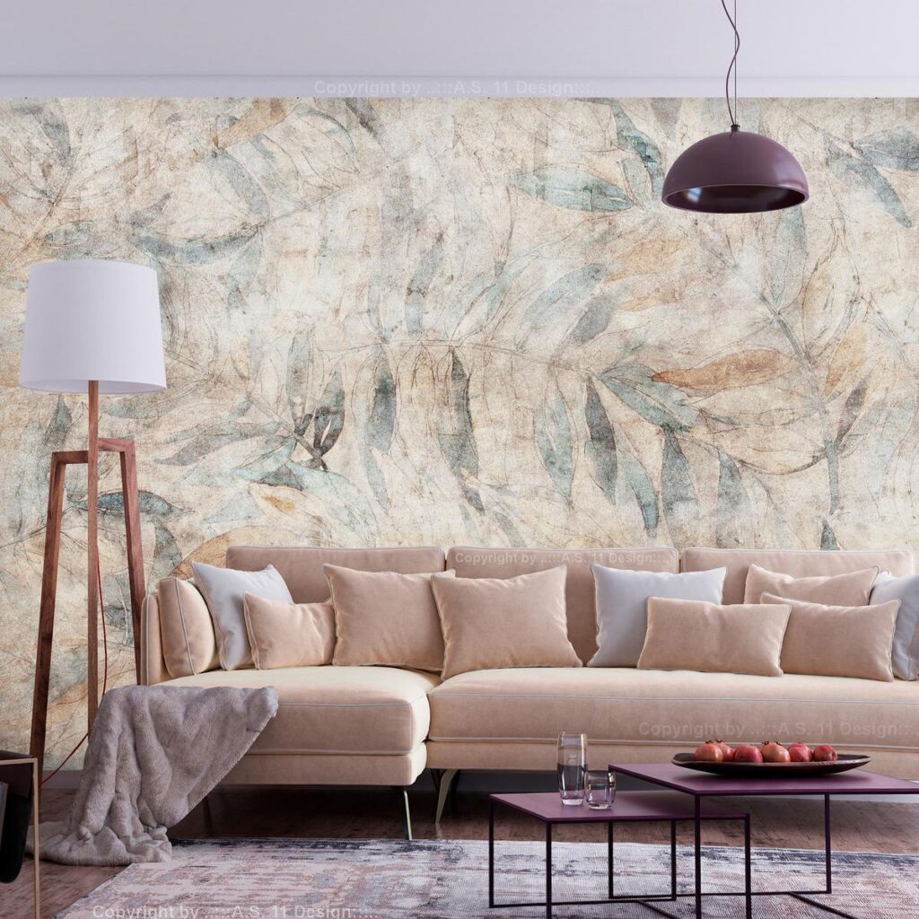 Fotobehang - Greek laurels - faded composition with leaves on a beige patterned background - Afbeelding 2