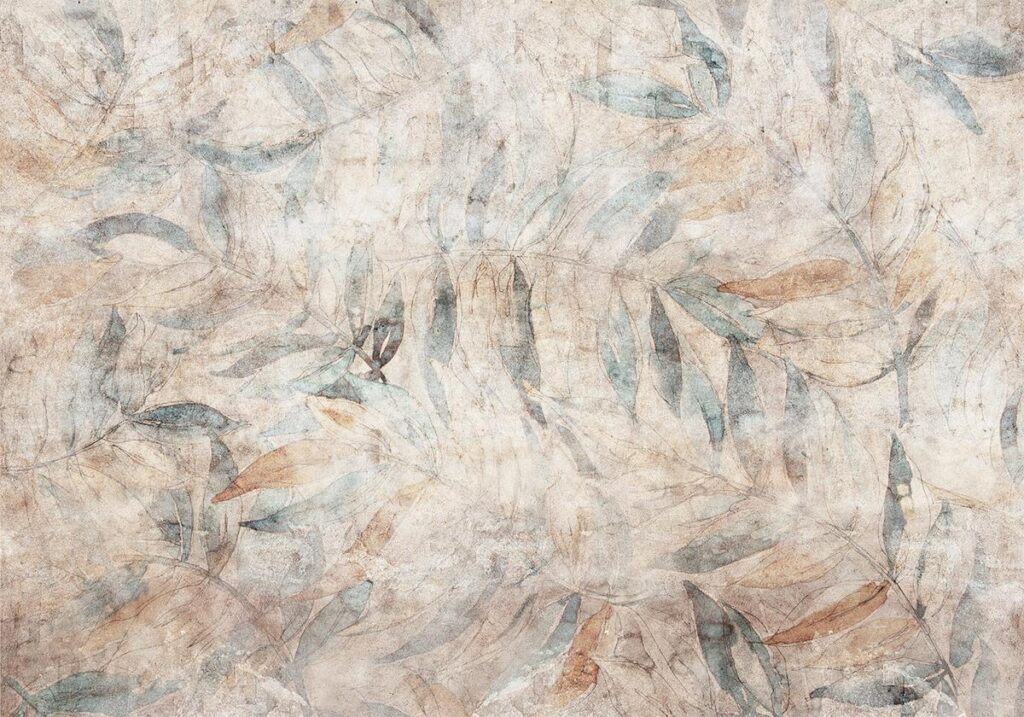 Fotobehang - Greek laurels - faded composition with leaves on a beige patterned background