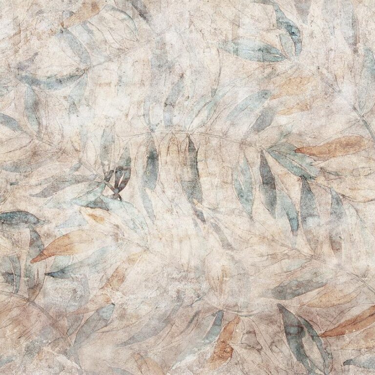 Fotobehang - Greek laurels - faded composition with leaves on a beige patterned background