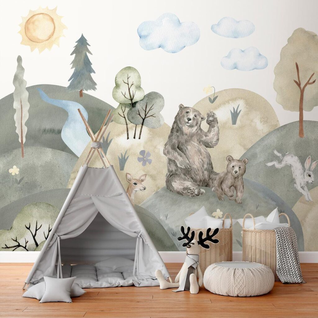 Fotobehang - Green Hills - a Valley With Animals Painted in Watercolours - Afbeelding 2