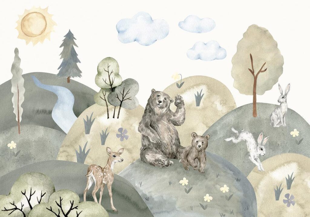 Fotobehang - Green Hills - a Valley With Animals Painted in Watercolours
