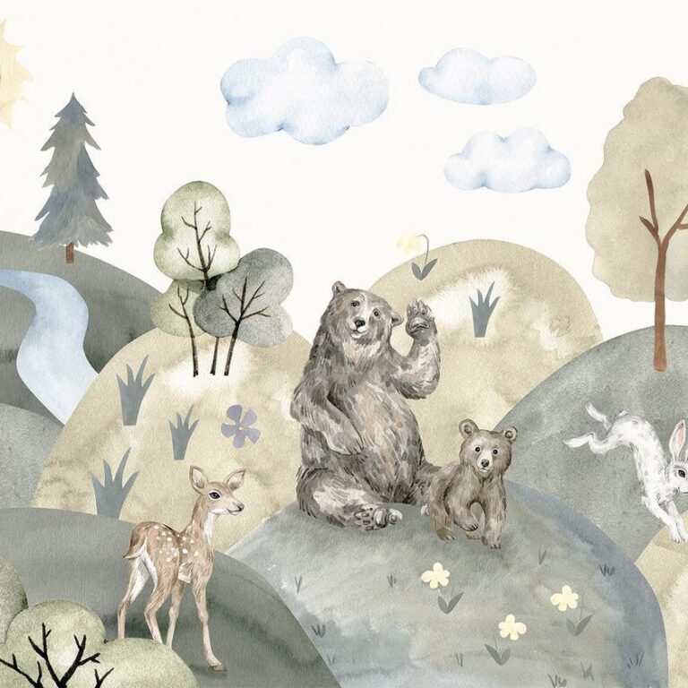 Fotobehang - Green Hills - a Valley With Animals Painted in Watercolours