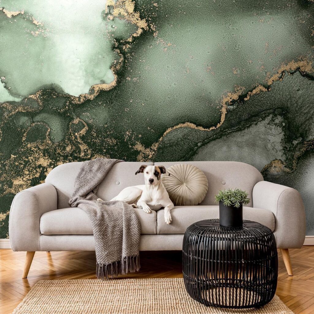 Fotobehang - Green Watercolour - Abstraction Inspired by Marble Structure - Afbeelding 2