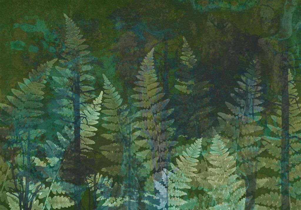 Fotobehang - Green abstraction in the forest - fern leaves in the trunks with patterns - Afbeelding 2