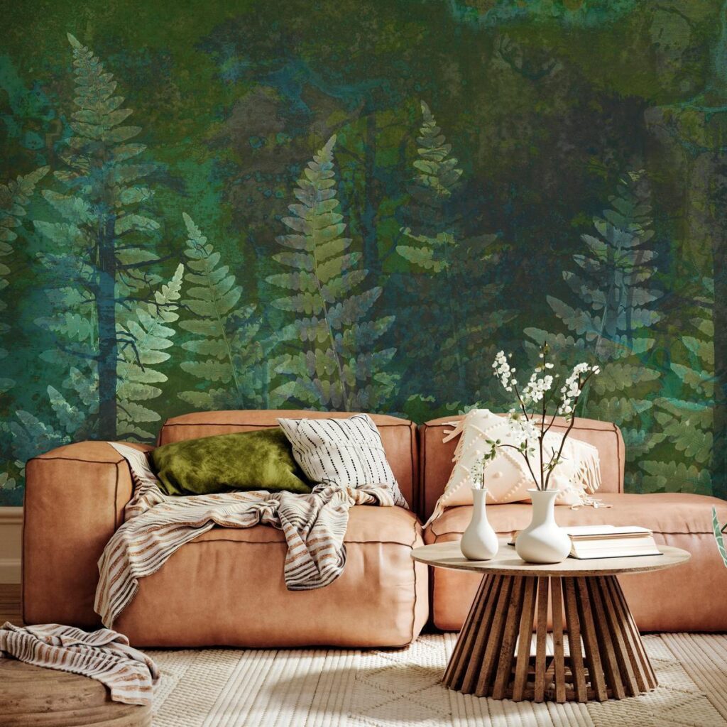 Fotobehang - Green abstraction in the forest - fern leaves in the trunks with patterns