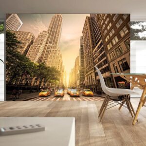 Fotobehang - In the Shadow of Skyscrapers - New York with Pedestrians and Taxi Cars