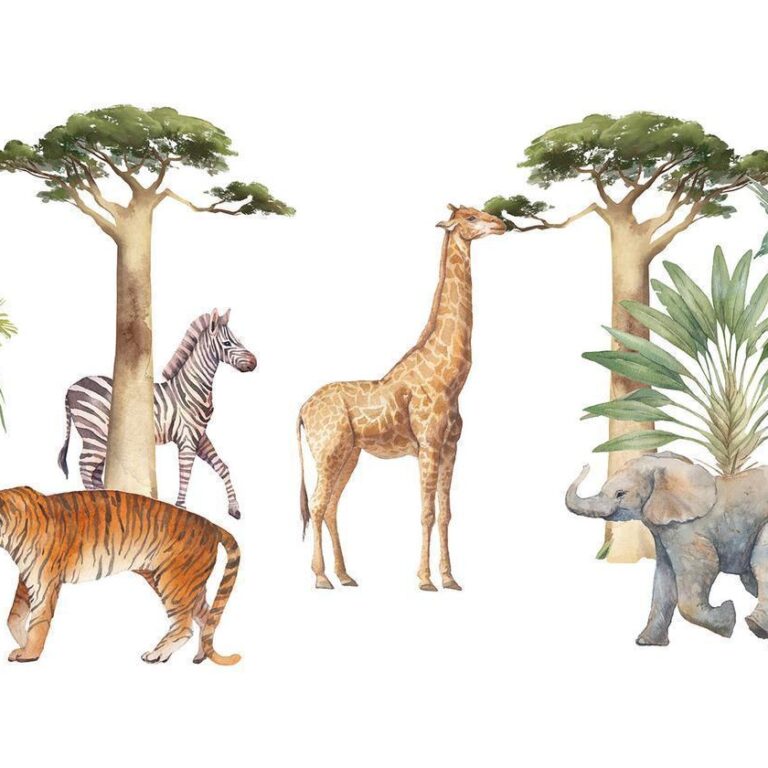 Fotobehang - Jungle Animals on White Background Made With Watercolour Technique