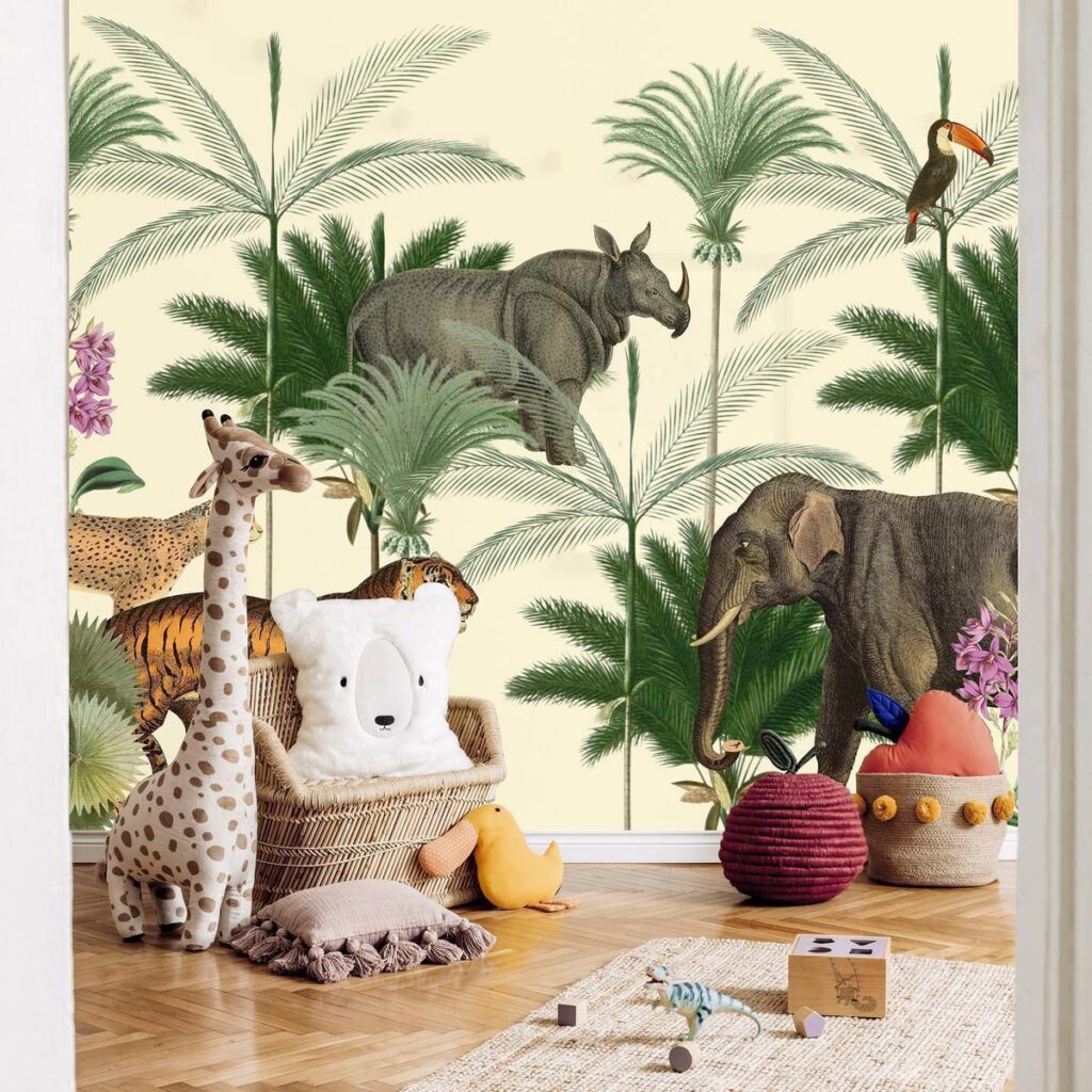 Fotobehang - Jungle Land With Animals in the Style of Old Engravings - Afbeelding 2