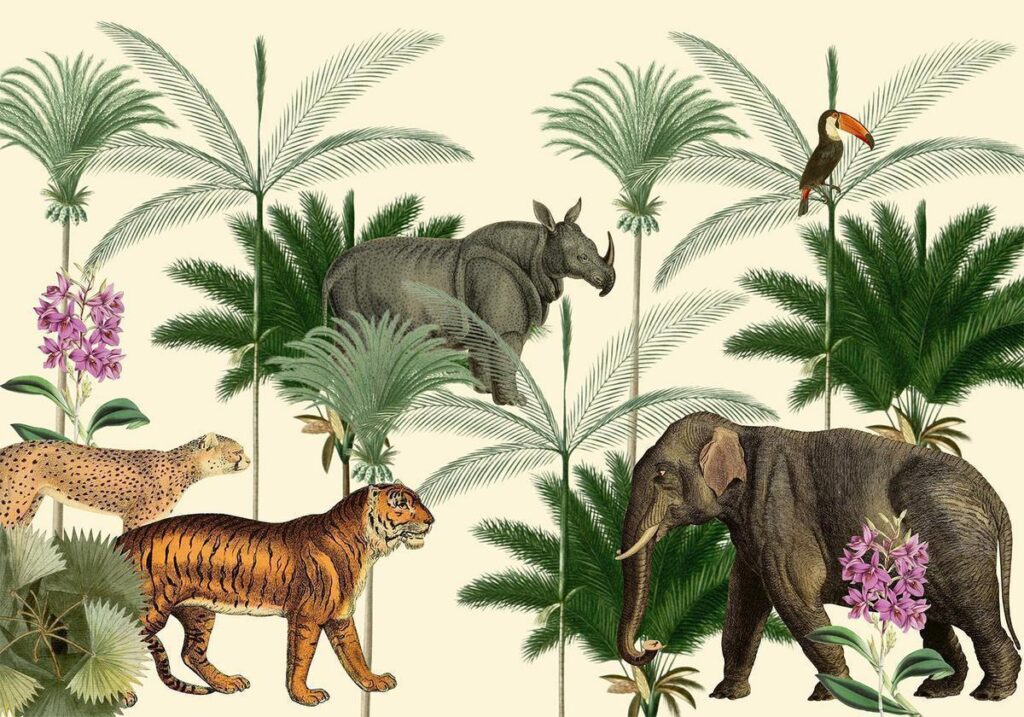 Fotobehang - Jungle Land With Animals in the Style of Old Engravings