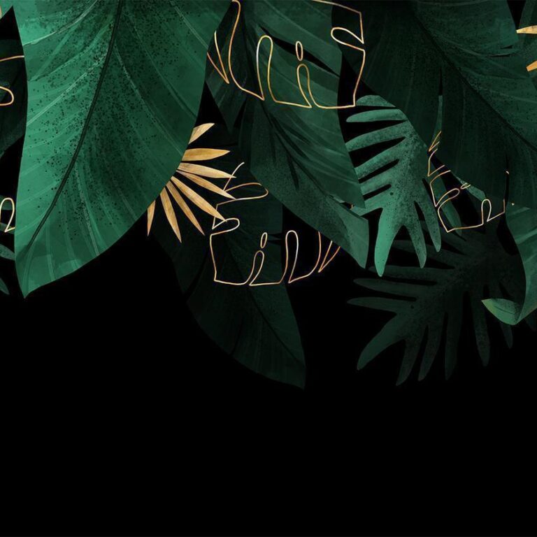 Fotobehang - Jungle and composition - motif of green and golden leaves on a black background