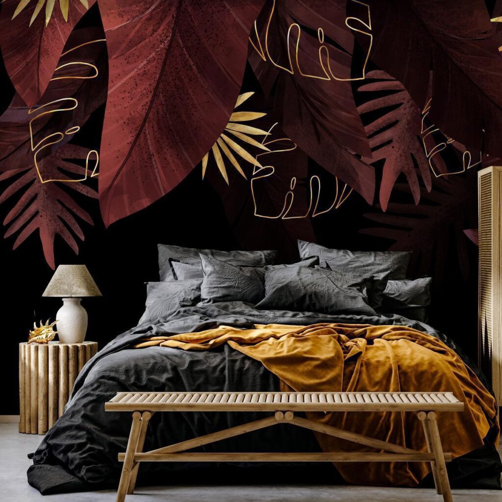 Fotobehang - Jungle and composition - red and gold leaf motif on black background - Afbeelding 2