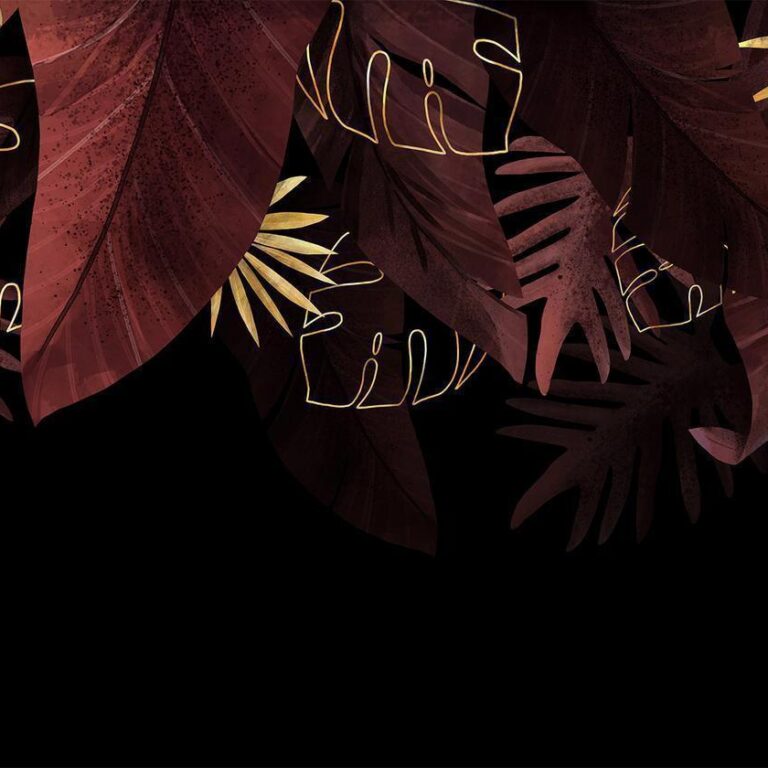 Fotobehang - Jungle and composition - red and gold leaf motif on black background