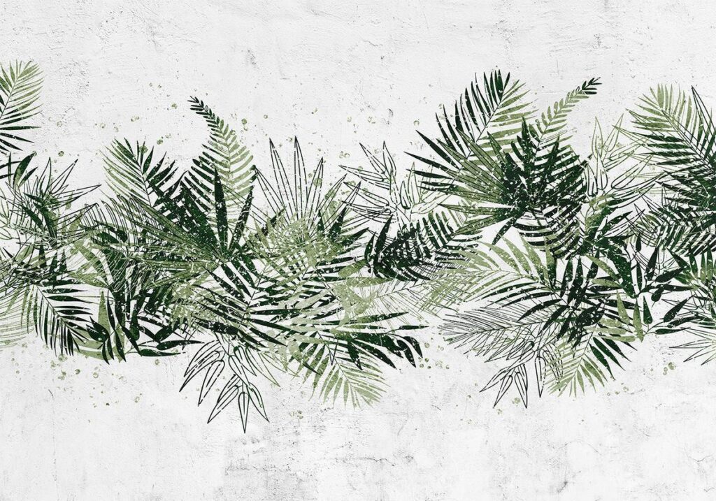 Fotobehang - Jungle and green plume - large tropical leaves on a white background