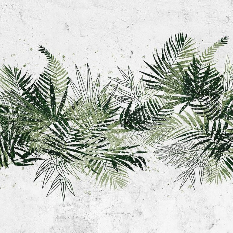 Fotobehang - Jungle and green plume - large tropical leaves on a white background