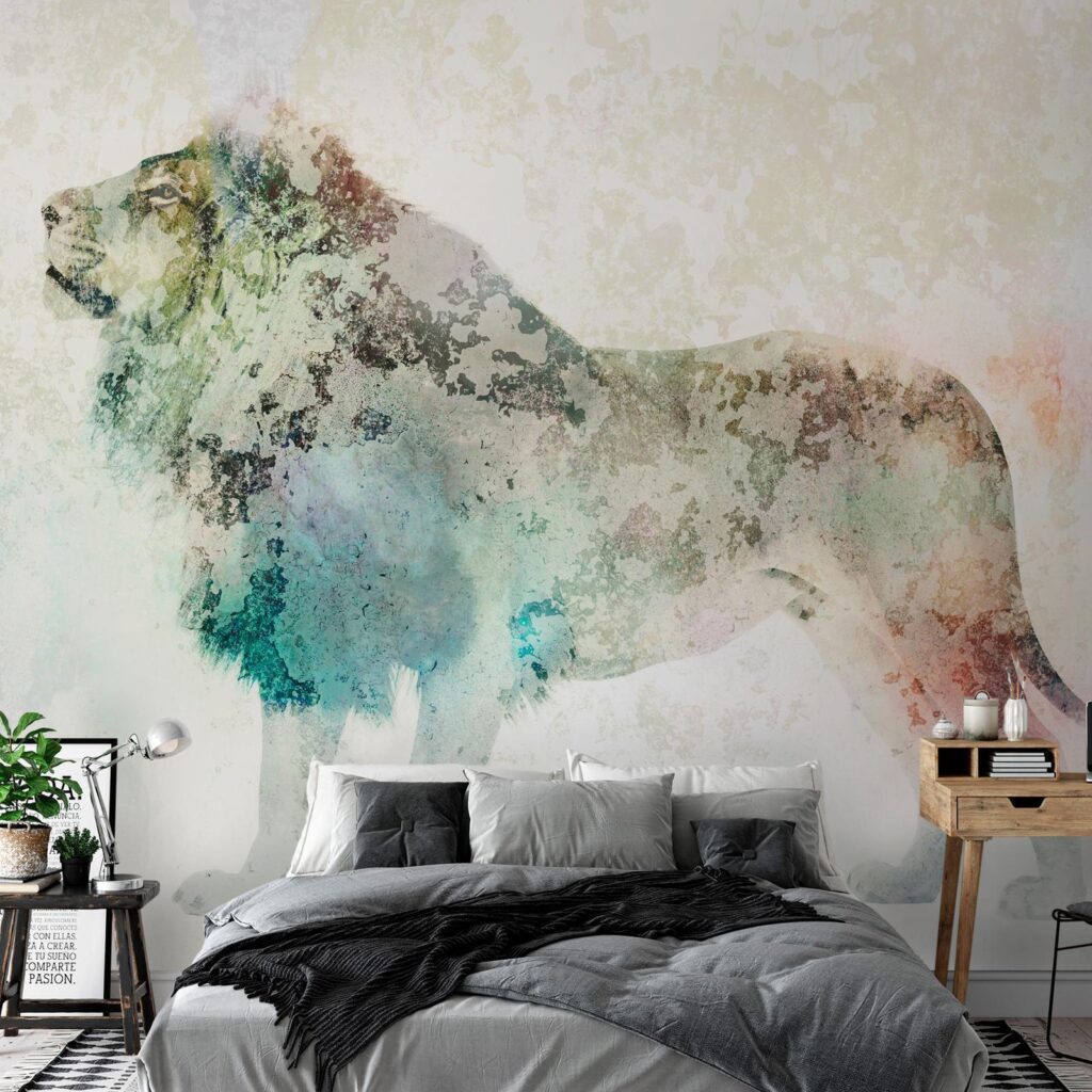 Fotobehang - King of the animals - lion on a solid textured background with coloured accent