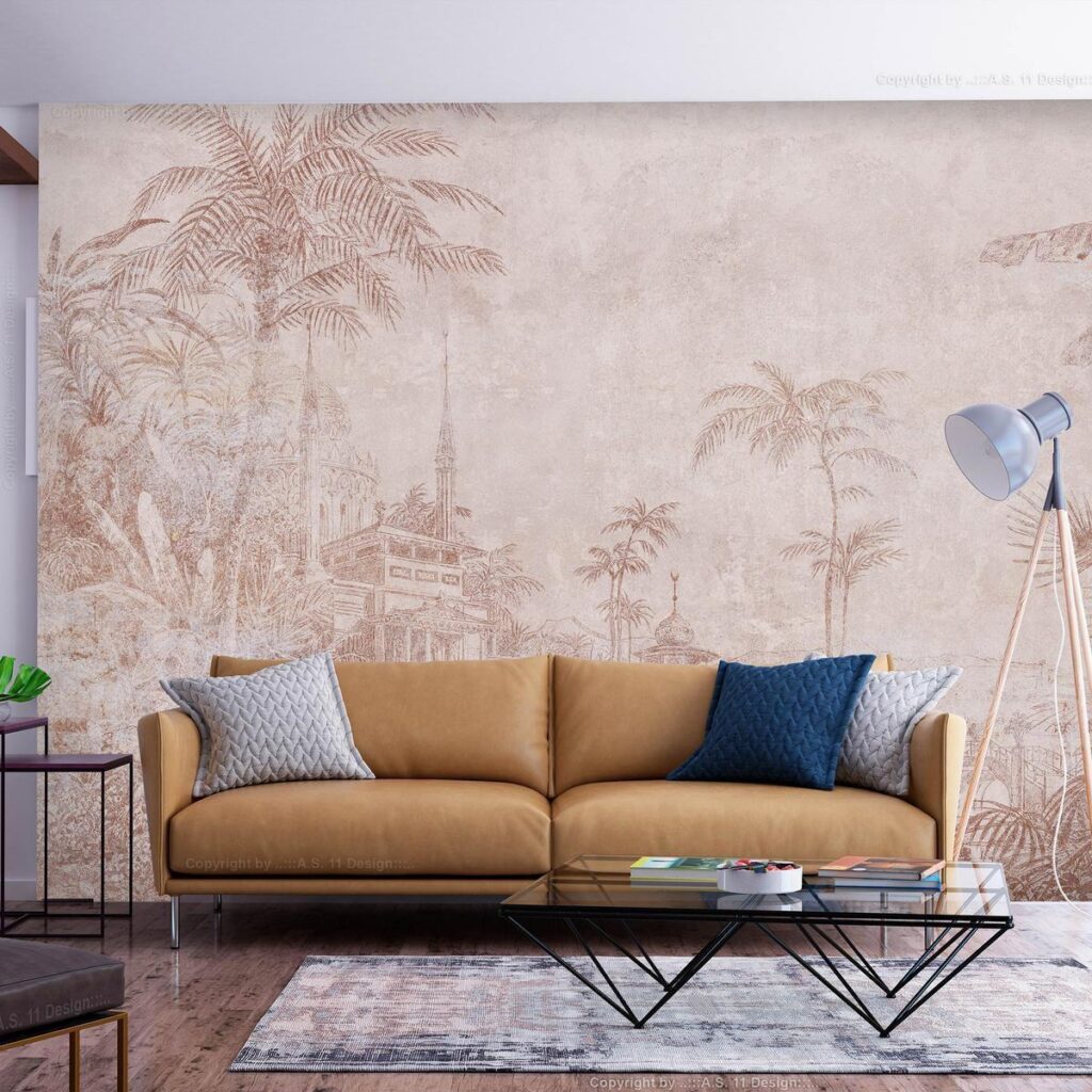 Fotobehang - Landscape with temple - engraving of Indian architecture with palm trees - Afbeelding 2
