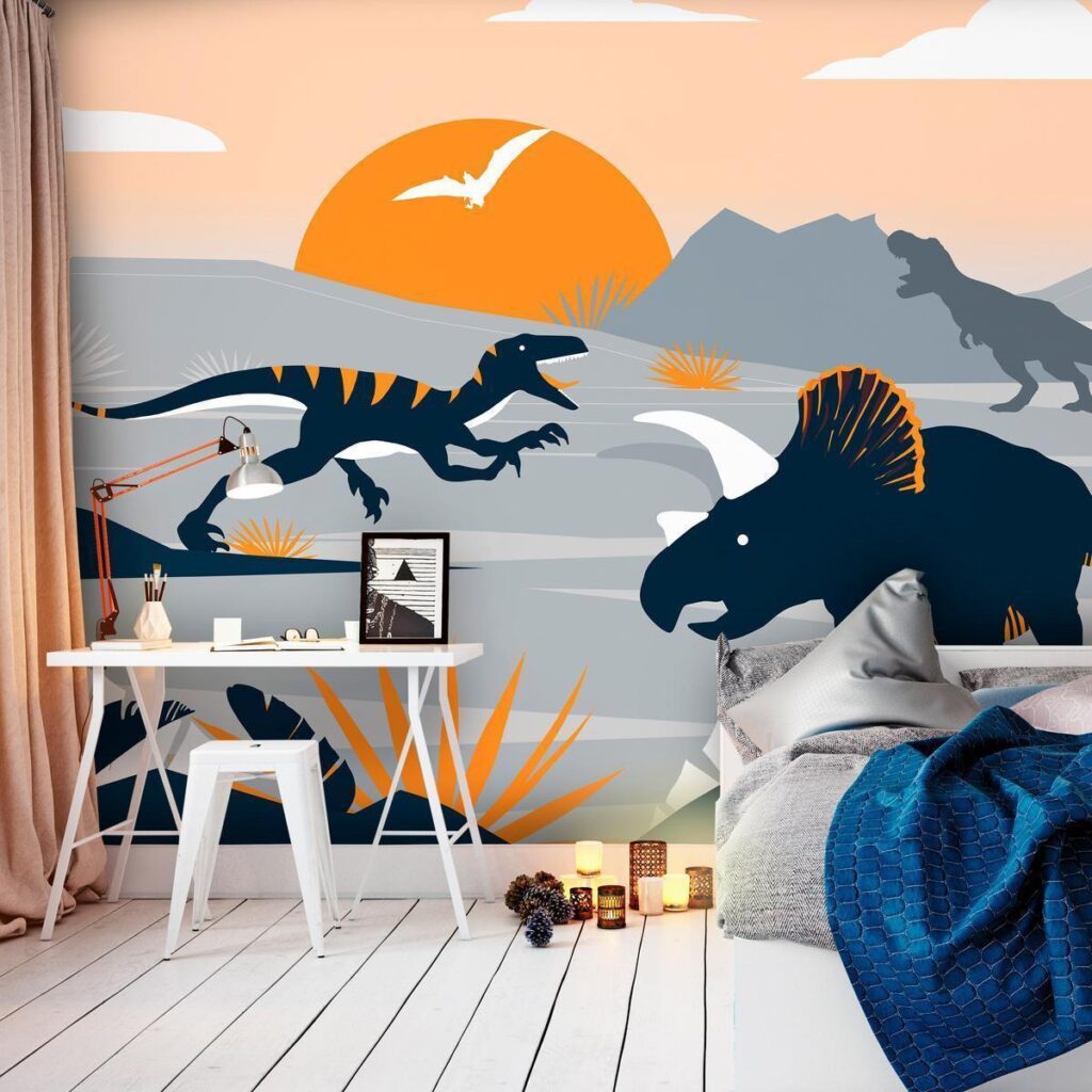 Fotobehang - Last dinosaurs with orange - abstract landscape for a room - Afbeelding 2