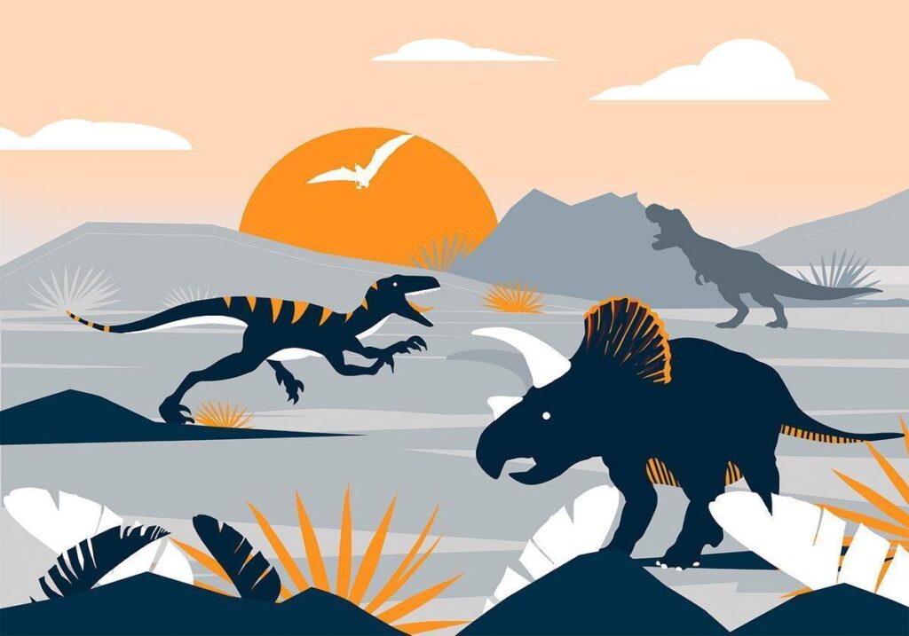 Fotobehang - Last dinosaurs with orange - abstract landscape for a room