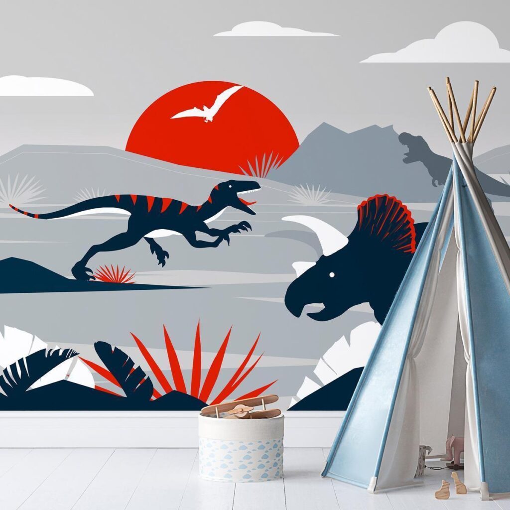 Fotobehang - Last dinosaurs with red - abstract landscape for a room - Afbeelding 2