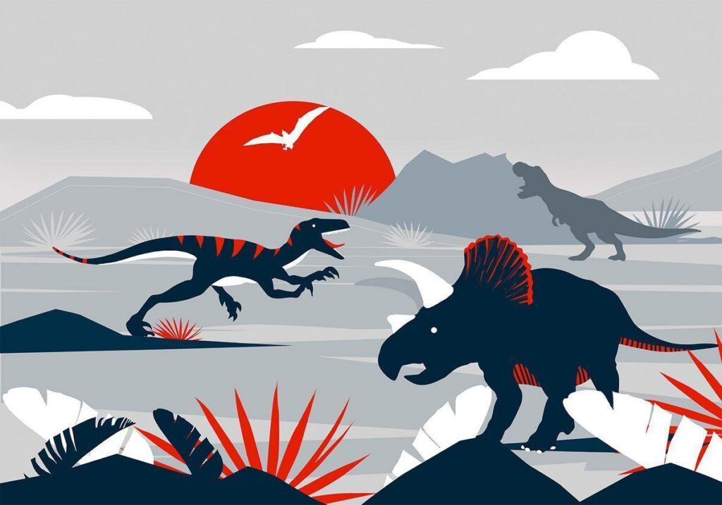 Fotobehang - Last dinosaurs with red - abstract landscape for a room