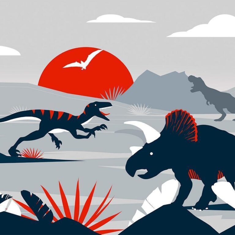 Fotobehang - Last dinosaurs with red - abstract landscape for a room