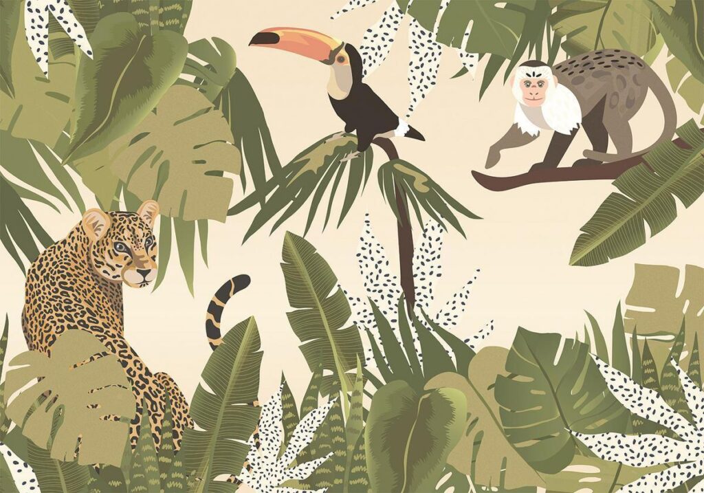 Fotobehang - Leaves and Shapes - Jungle in Faded Colours With Animals - Afbeelding 2
