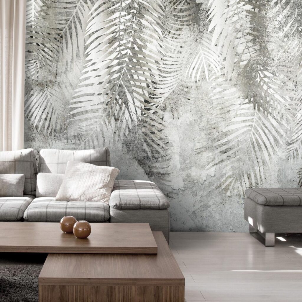 Fotobehang - Light and shadow - grey and white composition with floral motif and pattern