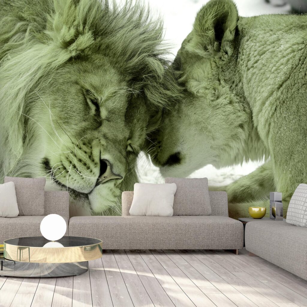 Fotobehang - Lion Tenderness (Green) - Afbeelding 2