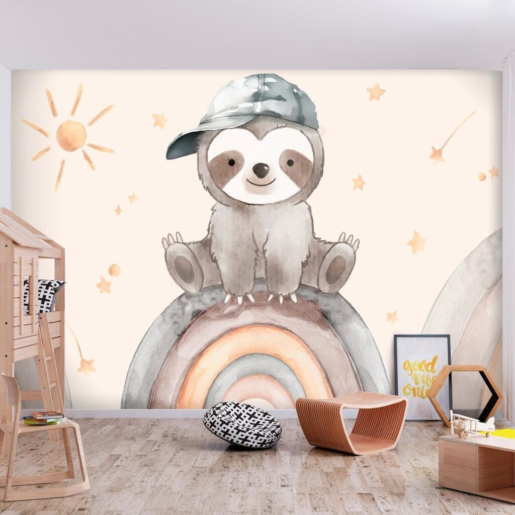 Fotobehang - Little Sloth Among Stars and Rainbows - Afbeelding 2