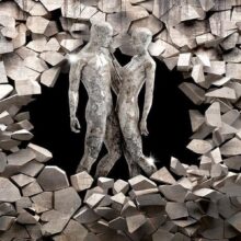 Fotobehang - Love made of stone - shiny silhouettes surrounded by sharp elements