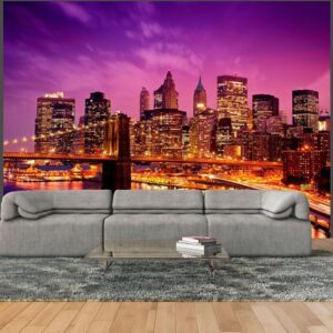 Fotobehang - Manhattan and Brooklyn Bridge by night