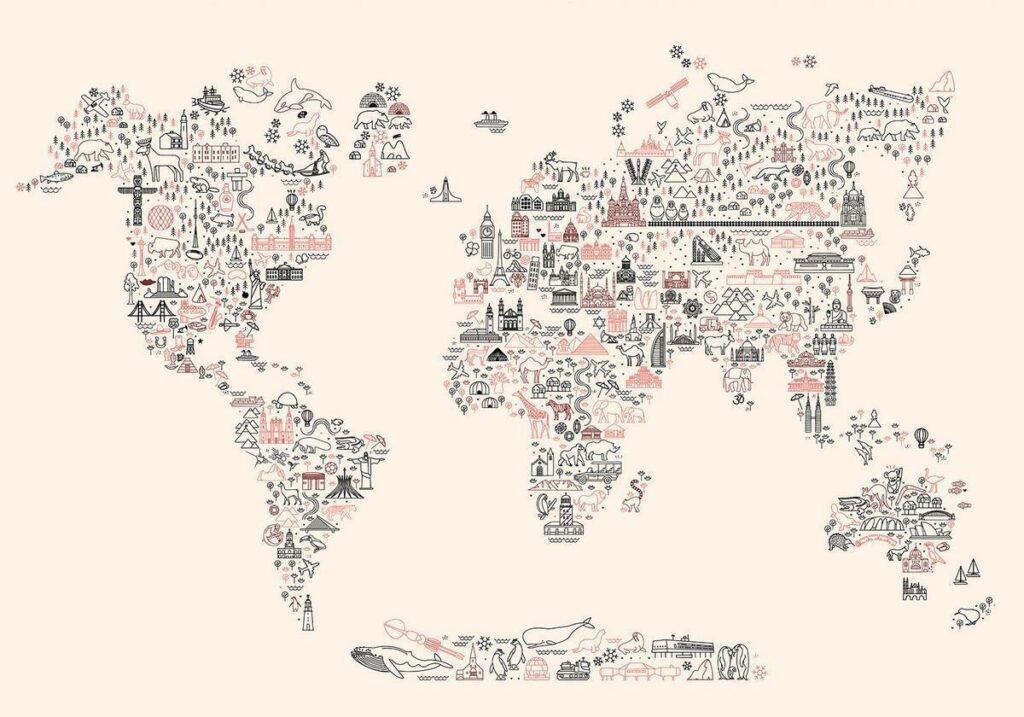 Fotobehang - Map With Icons - Cartoon Representation of the World in Pastel Colours - Afbeelding 2