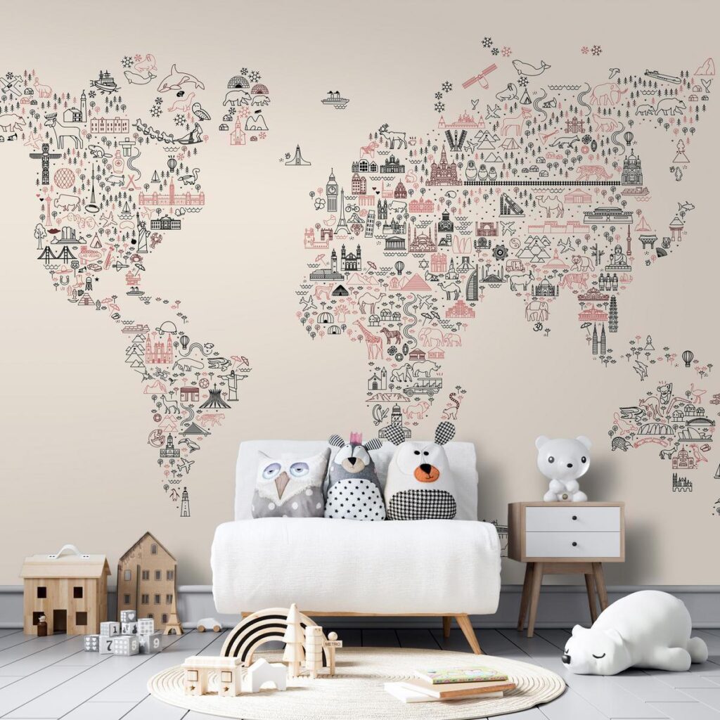 Fotobehang - Map With Icons - Cartoon Representation of the World in Pastel Colours