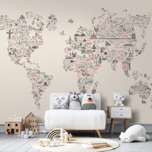 Fotobehang - Map With Icons - Cartoon Representation of the World in Pastel Colours