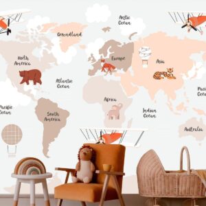 Fotobehang - Map in Shades of Beige - Continents With Animals