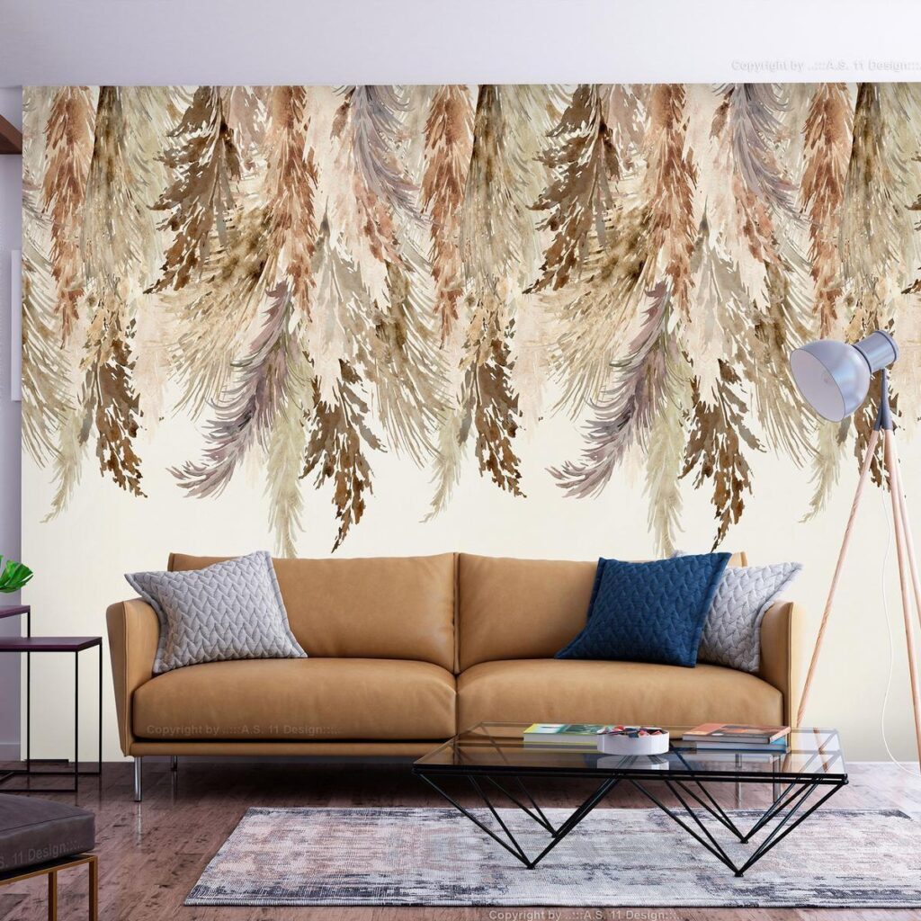 Fotobehang - Minimalist boho landscape - dangling leaves in beige colours